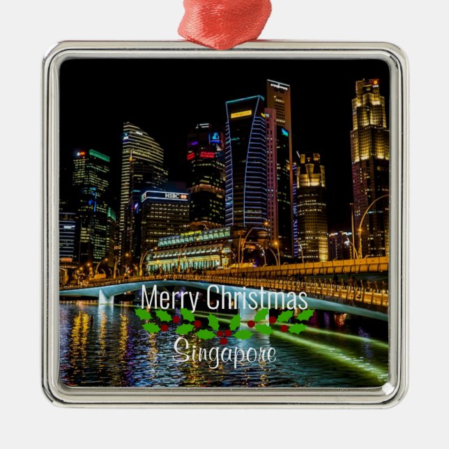 Ornamento De Metal Feliz Natal Cingapura Skyline, (Frente)