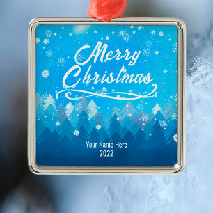 Ornamento De Metal Feliz Natal da Floresta Azul Pacífica de Neve