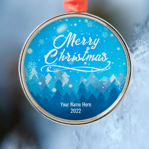 Ornamento De Metal Feliz Natal da Floresta de Neve Pacífica Azul