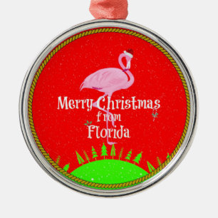 Ornamento De Metal Feliz Natal da Flórida e Papai Noel Flamingo