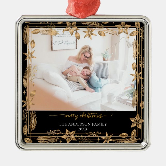 Ornamento De Metal Feliz Natal Dourado Arch Black Elegant Foto (Frente)