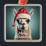 Ornamento De Metal Feliz Natal Engraçado, Cute Lllama Alpaca Santa Ha<br><div class="desc">Feliz Natal Engraçado Fofo Llama Alpaca Santa Hat Animais de Férias</div>