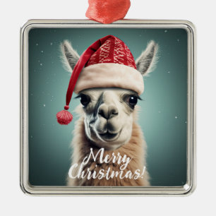 Ornamento De Metal Feliz Natal Engraçado, Cute Lllama Alpaca Santa Ha