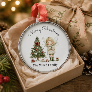Ornamento De Metal Feliz Natal Fada e Presente Personalizado em Árvor