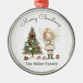 Ornamento De Metal Feliz Natal Fada e Presente Personalizado em Árvor