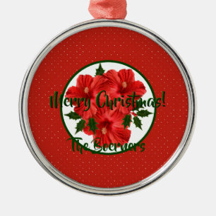 Ornamento De Metal Feliz Natal Hibiscus Holly Holiday Round