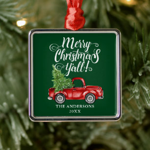 Ornamento De Metal Feliz Natal para Todos Caminhão Vermelho Quadrado 