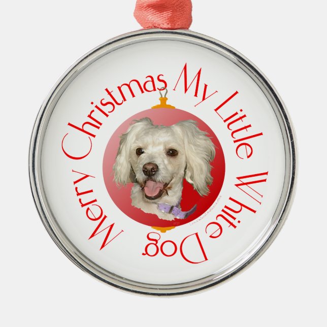 Ornamento De Metal Feliz Natal Pequeno Poodle de Cachorro Branco / Bi (Frente)