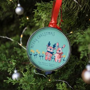 Ornamento De Metal Feliz Natal – Rena e Coelho em Azul Turquesa