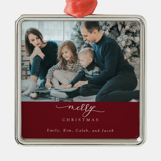 Ornamento De Metal Feliz Natal - Script Foto Moderno Vermelho Chic (Frente)