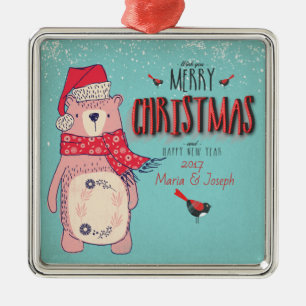 Ornamento De Metal Feliz Natal - Urso de X-mas e texto editável em