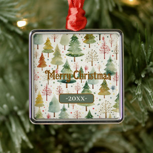Ornamento De Metal Feliz Natal Verde Pinheiros