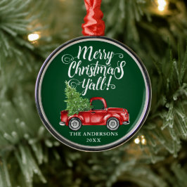 Ornamento De Metal Feliz Natal Y'all Red Truck Round Green