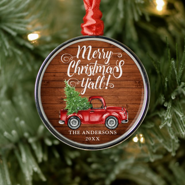 Ornamento De Metal Feliz Natal Y'all Wood Red Truck Round (Árvore)
