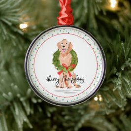 Ornamento De Metal Feliz Ouro de Natal Retriever Dog Wreath Holly