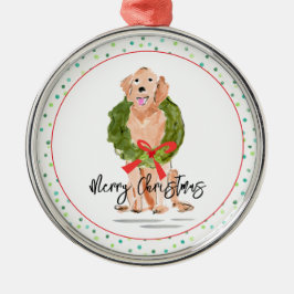 Ornamento De Metal Feliz Ouro de Natal Retriever Dog Wreath Holly