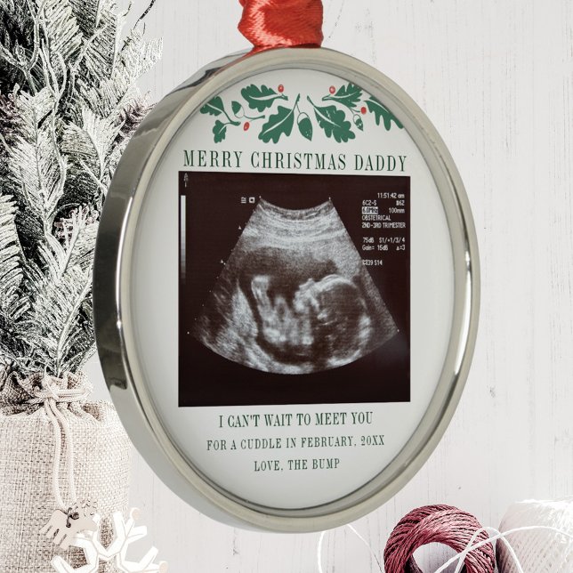 Ornamento De Metal Feliz Pai de Natal Gravidez Ultrasom Bebê (Botanical Pregnancy Announcement Sonogram Metal Ornament)