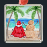 Ornamento De Metal Feliz Papai noel de Natal e Snowman na Praia<br><div class="desc">Um Enfeites de natal engraçado com Papai Noel e um boneco de neve construído a partir de areia sentada em uma praia observando as ondas do oceano. Bonito para alguém que é um "passarinho de neve" ou se aposentou na Flórida, Carolina do Sul, Texas ou qualquer um dos estados quentes...</div>