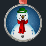 Ornamento De Metal Feliz Snowman<br><div class="desc">O Feliz Snowman com o seu chapéu verde e o cachecol vermelho.</div>