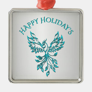 Ornamento De Metal Fenix Azul Turquesa Ressurge em Feliz Natal Pratea