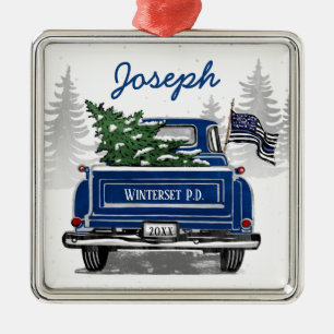 Ornamento De Metal Feriado de Caminhão Azul com Sinalizador de Linha