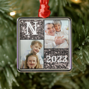 Ornamento De Metal Feriado de Natal do Monograma Silver Glitter