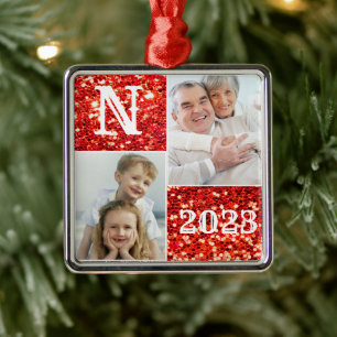 Ornamento De Metal Feriado de Natal do Monograma Silver Glitter 