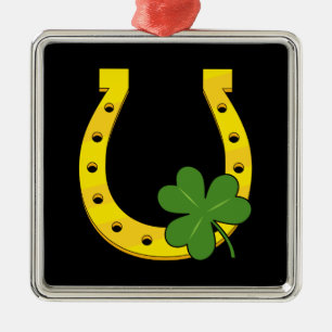 Ornamento De Metal Ferradura de Ouro Sortudo com Shamrock em preto