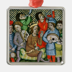 Ornamento De Metal Figura coroada assentada cercada por músicos