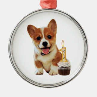 Ornamento De Metal Filhote de cachorro do Corgi e primeiro cupcake do