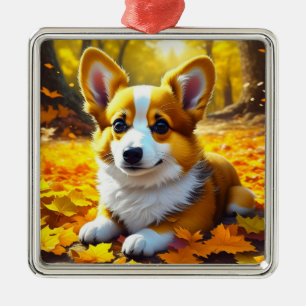 Ornamento De Metal Filhote de Corgi Brincando nas Folhas de Outono