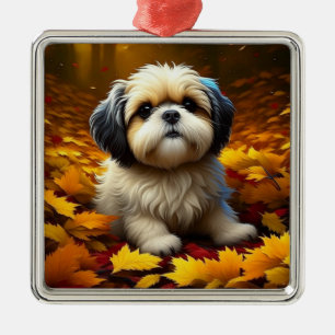 Ornamento De Metal Filhote de Shih Tzu brincando nas folhas de outono