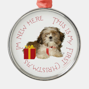 Ornamento De Metal Filhote de Shih Tzu Primeiro Natal