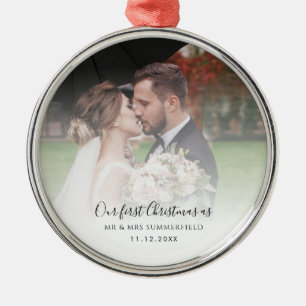 Ornamento De Metal First Christmas As Mr and Mrs Wedding Photo