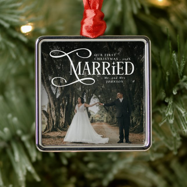 Ornamento De Metal First Christmas Married Mr & Mrs Couples Photo  (Árvore)