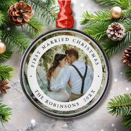 Ornamento De Metal First Married Christmas with Custom Photo