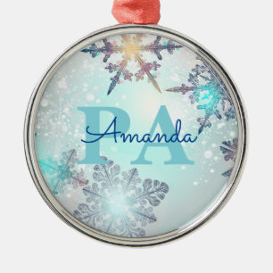 Ornamento De Metal Floco de Neve Azul Gelo Fofo Nome Personalizado PA