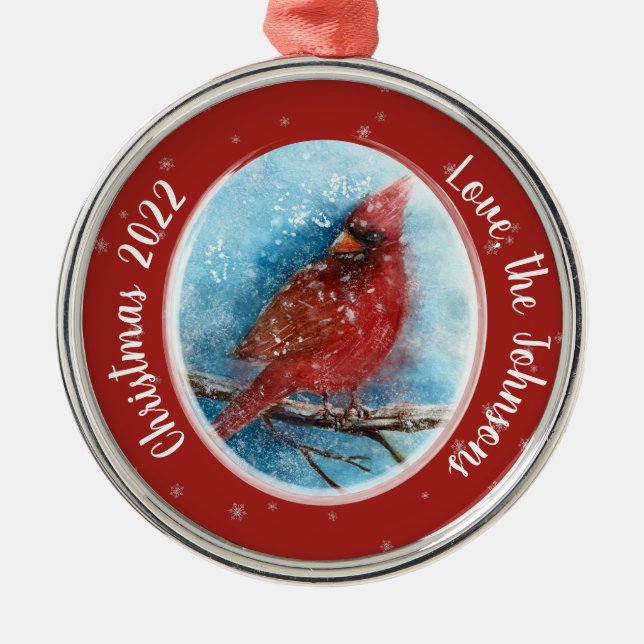 Ornamento De Metal Flocos de neve cardinais de Natal em Vermelho ou A (Frente)