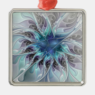 Ornamento De Metal Flor Fractal Moderno Abstrato com Azul