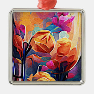Ornamento De Metal Floral Abstrato Art Laranja Vermelho Azul Flores