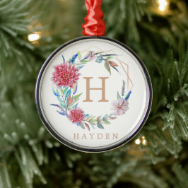 Ornamento De Metal Floral wreath Monograma nome personalizado