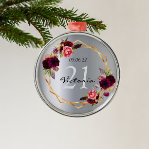Ornamento De Metal Flores aniversário de 21 anos prateadas burgundy g
