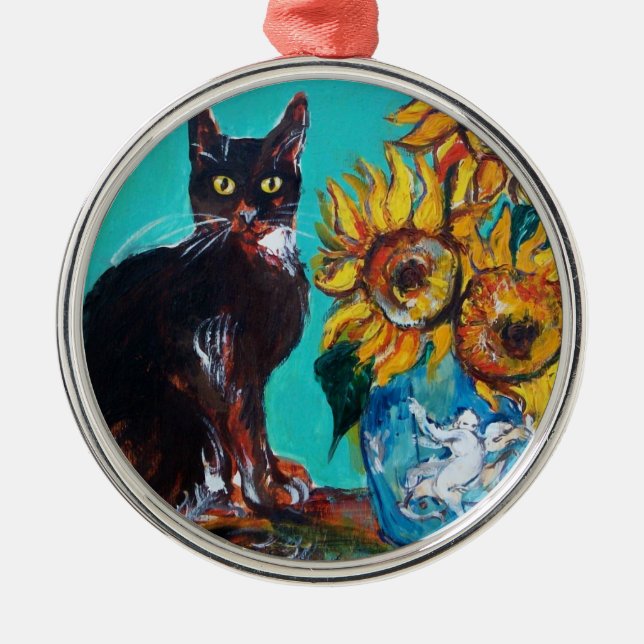 ORNAMENTO DE METAL FLORES COM GATO PRETO EM TURQUOISMO AZUL (Frente)