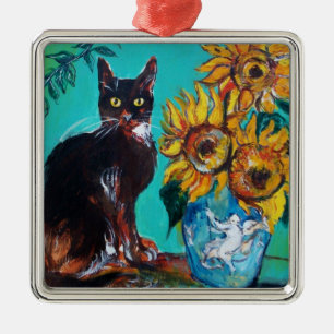 ORNAMENTO DE METAL FLORES COM GATO PRETO EM TURQUOISMO AZUL