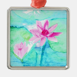 Ornamento De Metal Flores de Lotus Rosa Pastel Aquarela