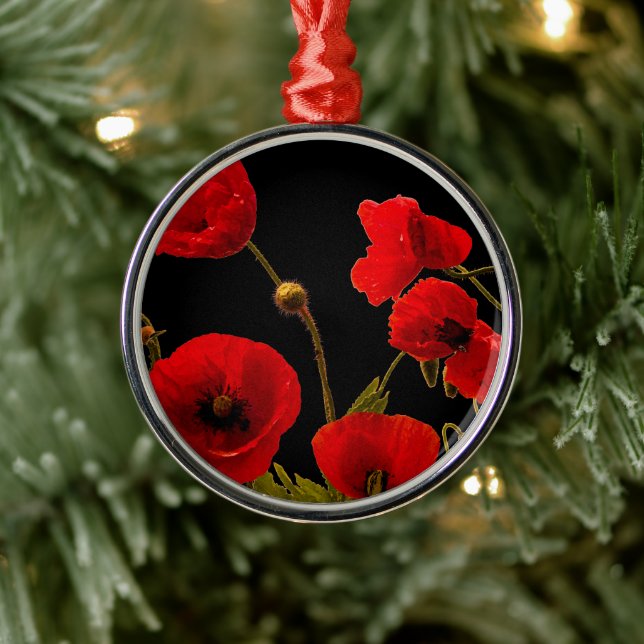 Ornamento De Metal Flores De Papoila Vermelha Preta Cachorro Floral (Árvore)