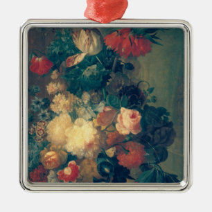 Ornamento De Metal Flores em um vaso com o ninho de um pássaro