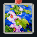 Ornamento De Metal Flores florais cor-de-água rosa Elegante Hollyhock<br><div class="desc">hollyhock romântico original com pintura de aquarela de abelha de pequeno umbigo por H Cooper</div>