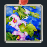 Ornamento De Metal Flores florais cor-de-água rosa Elegante Hollyhock<br><div class="desc">hollyhock romântico original com pintura de aquarela de abelha de pequeno umbigo por H Cooper</div>
