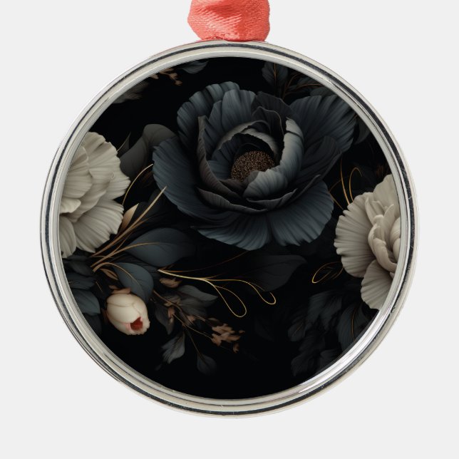 Ornamento De Metal Flores Pretas e Brancas (Frente)
